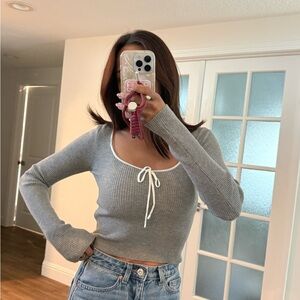 Gray Ribbed Knit Top with Tie Detail